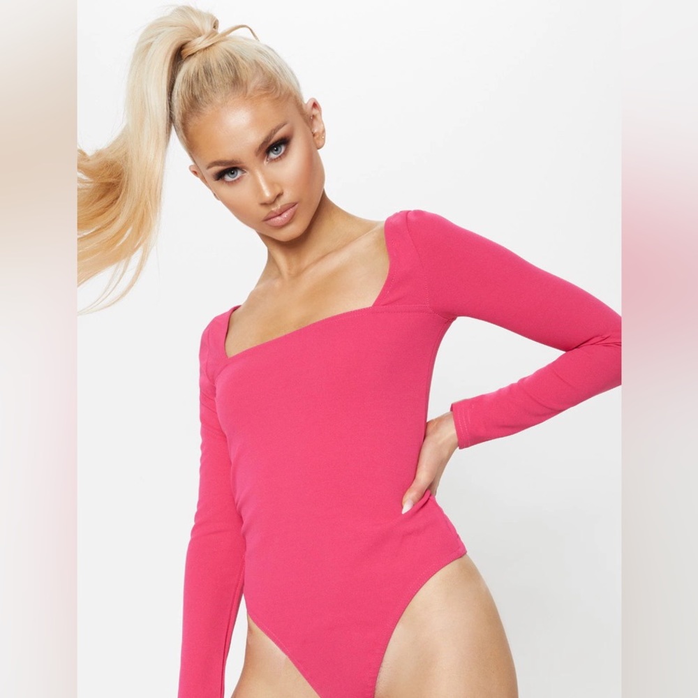 Hot pink long sleeved square neck bodysuit - 2
